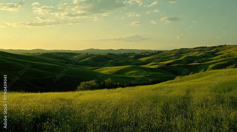 Obraz premium Rolling Green Hills Under a Cloudy Sky