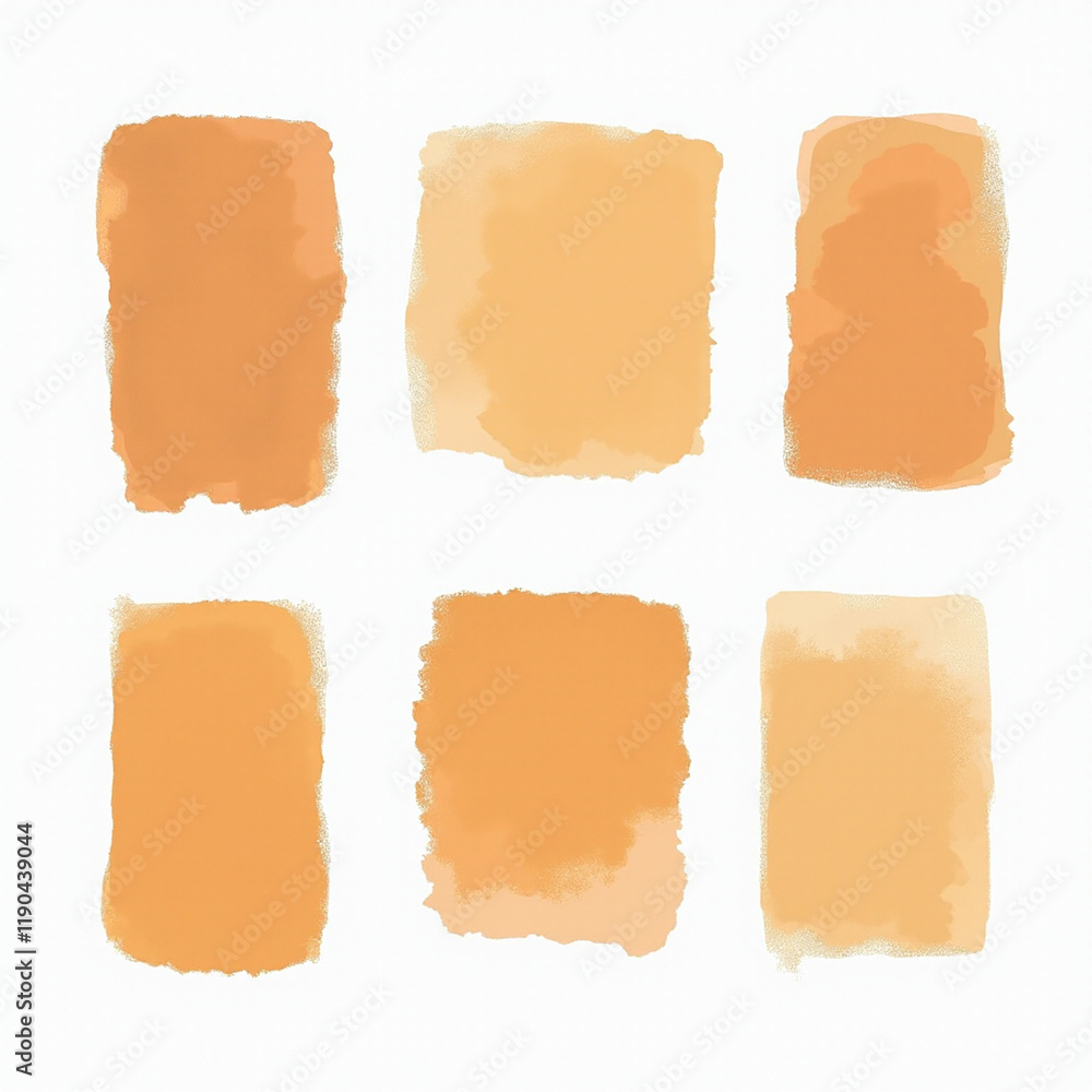 A collection of six abstract watercolor swatches in warm orange tones, showcasing a variety of textured finishes. A collection of six abstract watercolor swatches in warm orange tones, showcasing a variety of textured finishes.