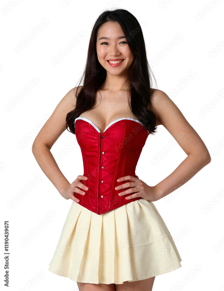 A smiling woman with long, dark hair wears a red corset and a white skirt, posing against a white background. A smiling woman with long, dark hair wears a red corset and a white skirt, posing against a white background.