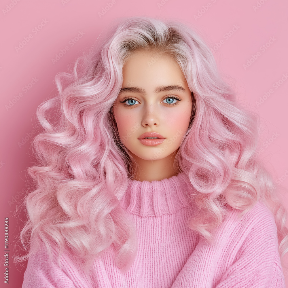Trendy girl with pink curly hair in cozy sweater against pastel background Trendy girl with pink curly hair in cozy sweater against pastel background