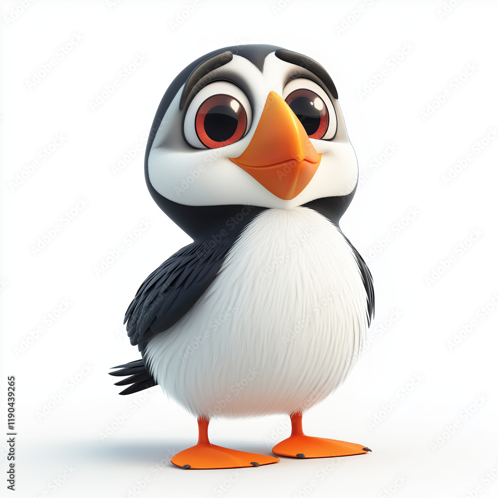Obraz premium Cartoon puffin with black and white feathers and orange beak.Isolated on white background