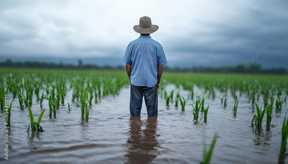 Farmer standing in a flooded rice field under cloudy skies. Farmer standing in a flooded rice field under cloudy skies.