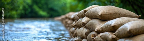 Sandbags used to prevent flooding along a riverbank. photo