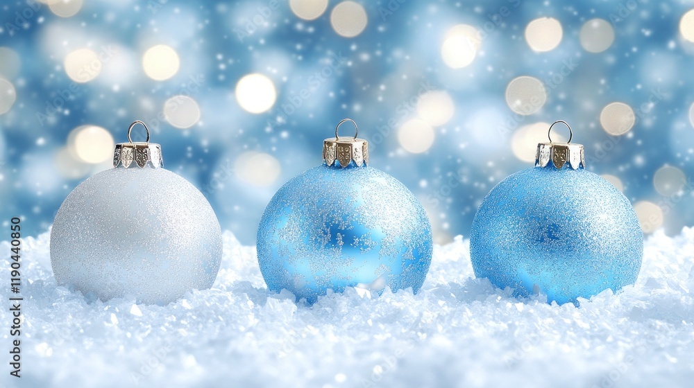 Three pastel blue and white Christmas baubles on snow. Three pastel blue and white Christmas baubles on snow.