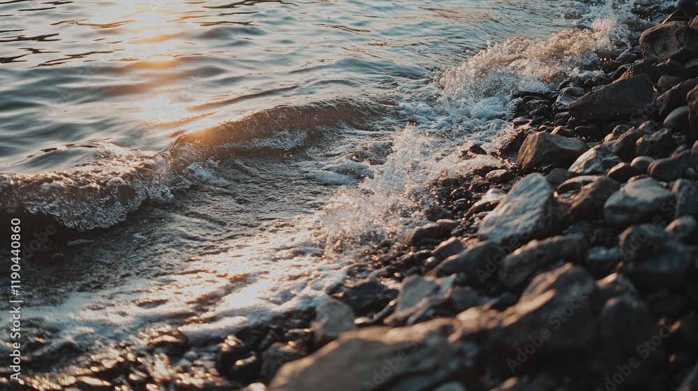 Obraz premium Golden sunlight illuminates waves lapping rocky shore