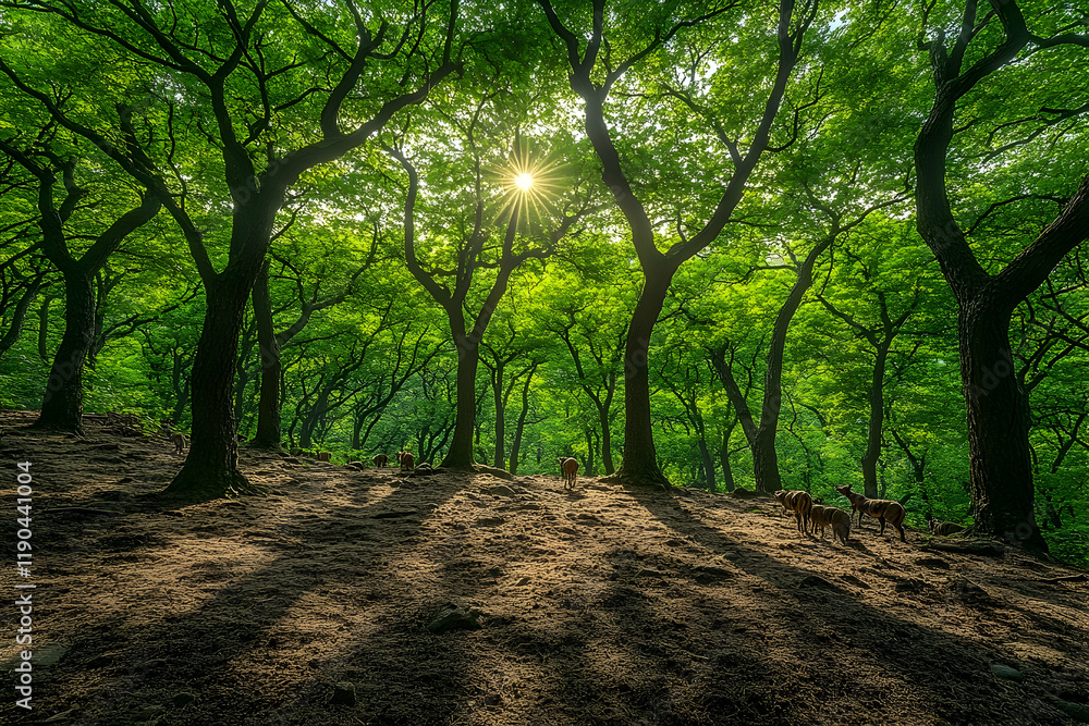 Fototapeta premium Sunlit Forest Scene with Lush Greenery and Tranquil Atmosphere