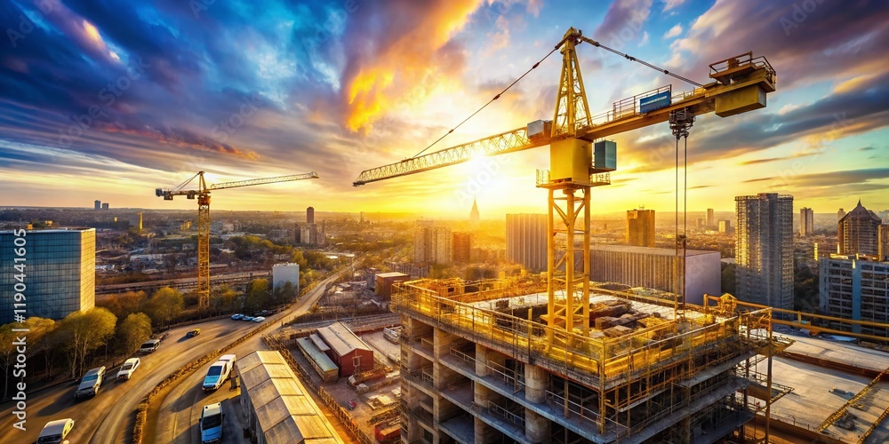Naklejka premium 4K Aerial Double Exposure: Construction Site & Yellow Crane