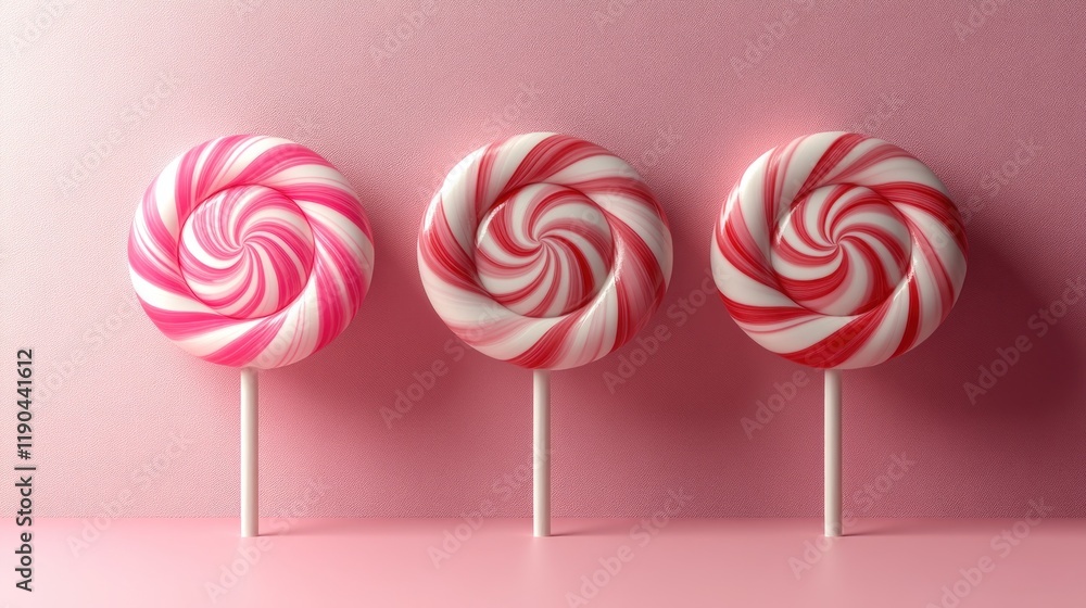 Three pink and white swirl lollipops on pink background. (1) Three pink and white swirl lollipops on pink background. (1)