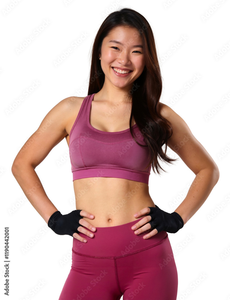 A smiling woman with long brown hair wears a pink sports bra and matching leggings, holding black fingerless gloves. A smiling woman with long brown hair wears a pink sports bra and matching leggings, holding black fingerless gloves.
