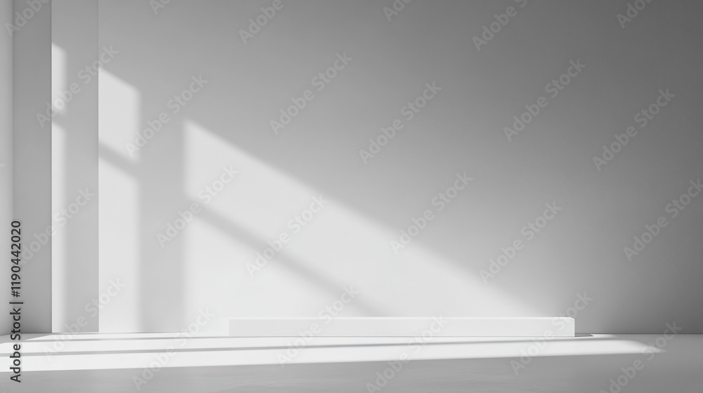 Minimalist white room with sunlight and platform. Minimalist white room with sunlight and platform.