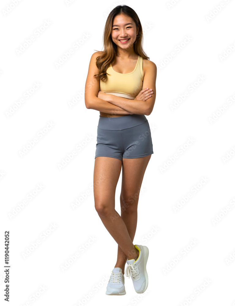 A photograph of a smiling woman with long hair, wearing a yellow sports bra and gray shorts, standing against a white background. A photograph of a smiling woman with long hair, wearing a yellow sports bra and gray shorts, standing against a white background.