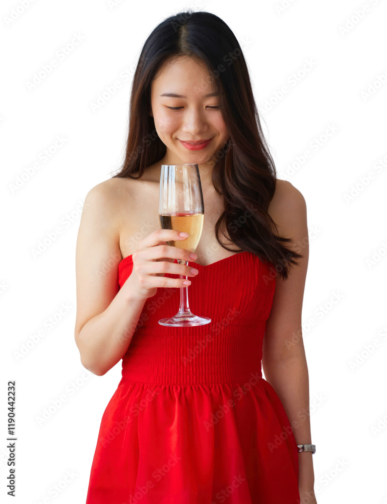 Asian woman in a strapless red dress holds a glass of champagne, smiling, against a white background. Photograph. Asian woman in a strapless red dress holds a glass of champagne, smiling, against a white background. Photograph.