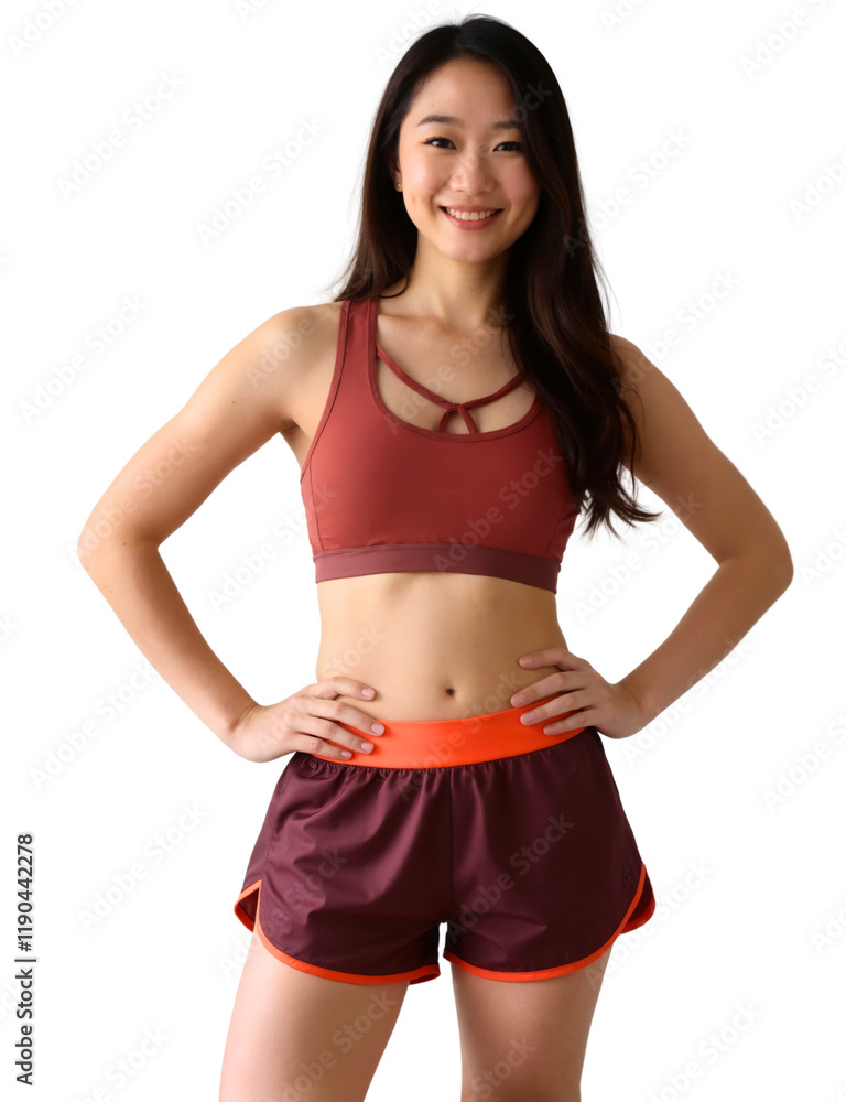 A photograph of an Asian woman with long, straight hair wearing a red sports bra and matching shorts, smiling confidently. white background A photograph of an Asian woman with long, straight hair wearing a red sports bra and matching shorts, smiling confidently. white background
