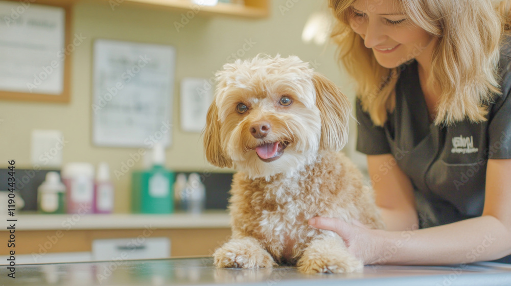 Veterinarian examining cute dog on examination table in veterinary clinic Veterinarian examining cute dog on examination table in veterinary clinic