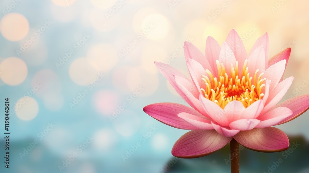 Obraz premium A serene pink lotus flower blooms gracefully against a soft, blurred background with gentle bokeh effects.