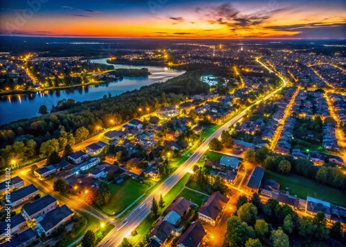 Aerial Night View of Lucan, Ontario, Canada - Illuminated Streets and Homes photo