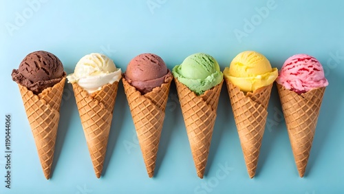 Colorful ice cream cones on a blue background