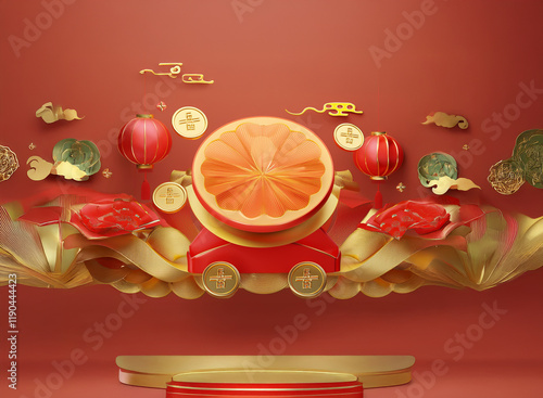 A vibrant 3D rendering showcases a festive scene with a pomelo on a red cart, surrounded by golden ribbons, coins, and lanterns against a red backdrop.  The composition suggests celebration and prospe photo