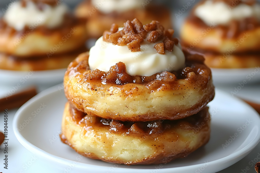 Stack of Sweet Apple Pecan Pancakes Topped with Whipped Cream and Cinnamon Stack of Sweet Apple Pecan Pancakes Topped with Whipped Cream and Cinnamon