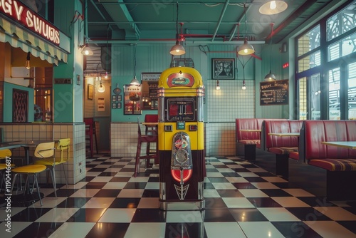 A retro diner interior with checkered floors, red vinyl booths, and a vintage jukebox, A retro diner with checkered floors and vintage jukebox photo