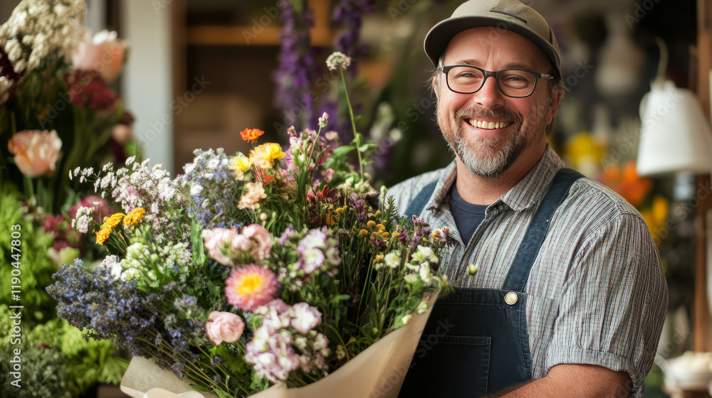 A male florist holds a collected bouquet of flowers in a flower shop. A male florist holds a collected bouquet of flowers in a flower shop.