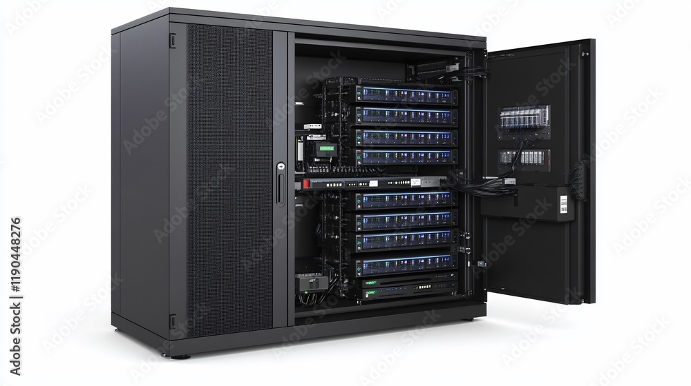 Obraz premium Open server rack with network equipment and power supply units.