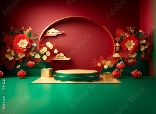 Elegant festive scene with a circular display platform, adorned with paper flowers, golden accents, and red lanterns against a rich red and green backdrop.  The scene evokes a celebratory mood. photo