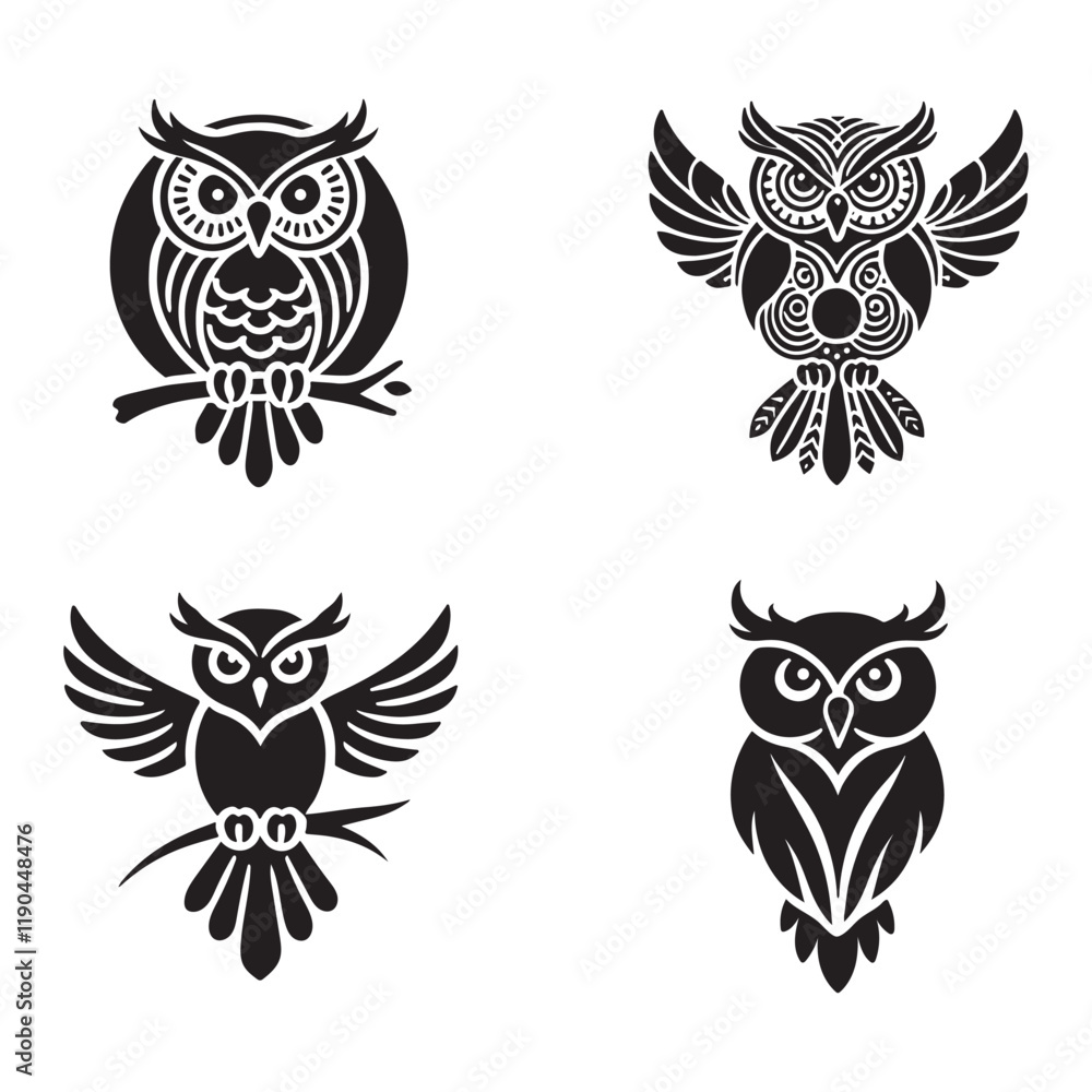 Four stylized owl silhouettes in a graphic design Four stylized owl silhouettes in a graphic design