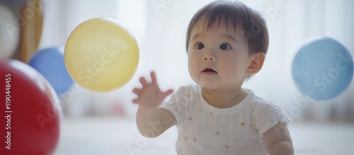 Adorable baby reaching for a yellow balloon, surrounded by colorful balloons.