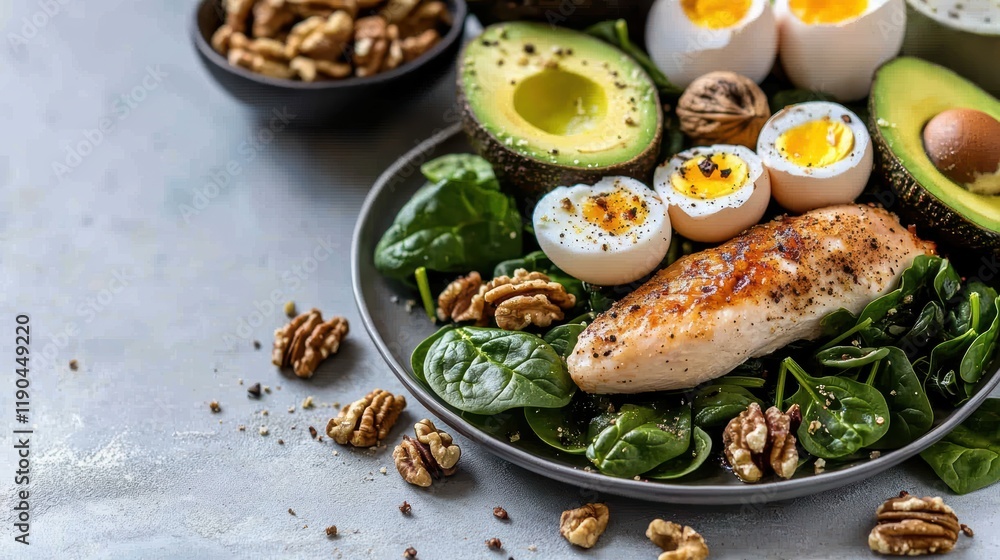 Plate of food featuring eggs spinach nuts and colorful vegetables arranged for a healthy meal Plate of food featuring eggs spinach nuts and colorful vegetables arranged for a healthy meal