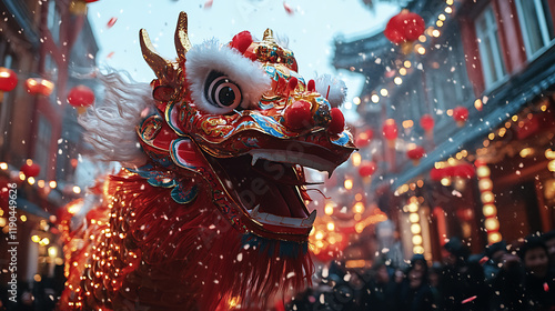 A dragon dance performance in a street filled with festive decorations 