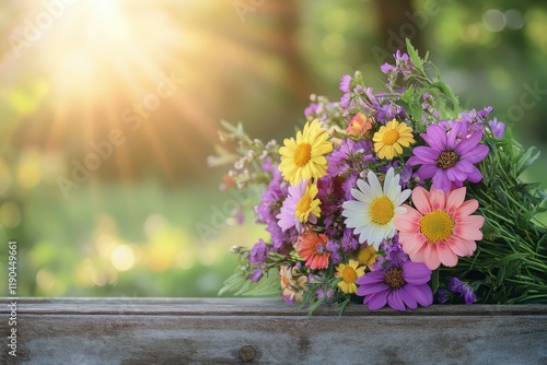 Wallpaper Mural Wildflowers on a Rustic Bench in Soft Morning Light Torontodigital.ca