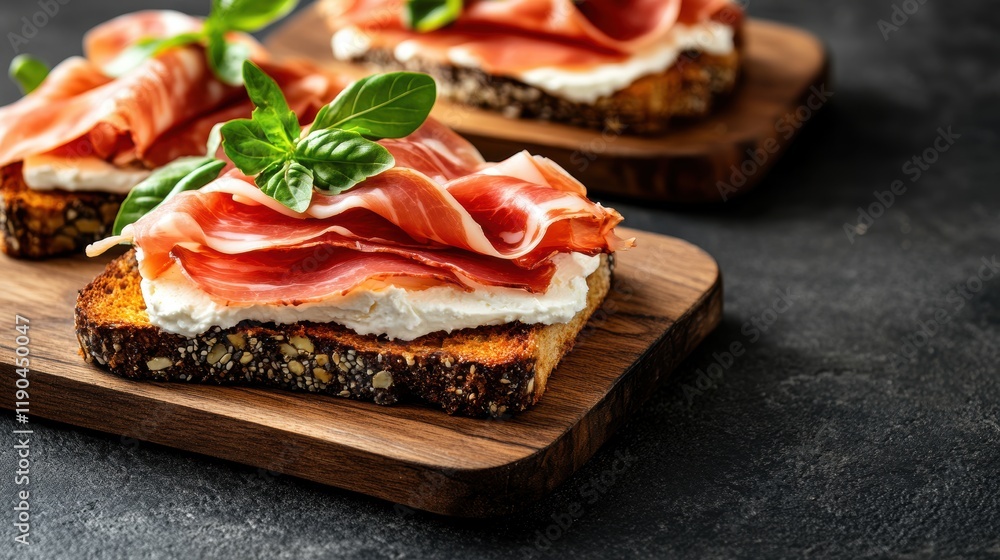 Wooden cutting board with a slice of bread topped with prosciutto ready for serving Wooden cutting board with a slice of bread topped with prosciutto ready for serving