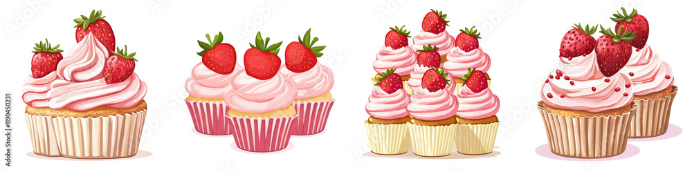 Flat style illustration of strawberry cupcakes isolated on white background. Mix Collection Png. Flat style illustration of strawberry cupcakes isolated on white background. Mix Collection Png.