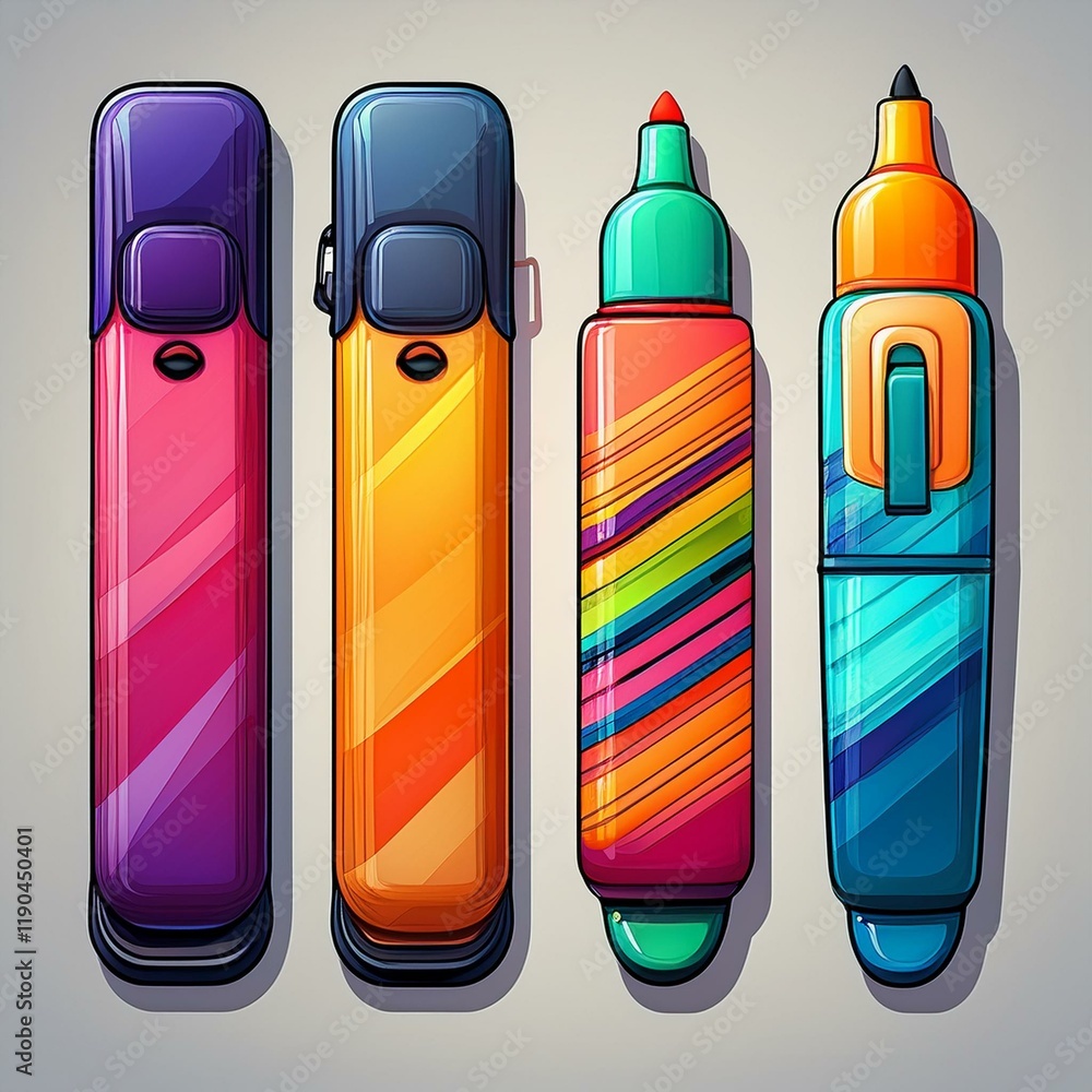 Icon set of a notebook, pen, and highlighter with vibrant accents. Icon set of a notebook, pen, and highlighter with vibrant accents.