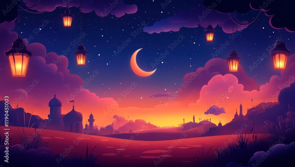 Naklejka premium Serene Night Landscape: Silhouetted City, Crescent Moon, and Glowing Lanterns