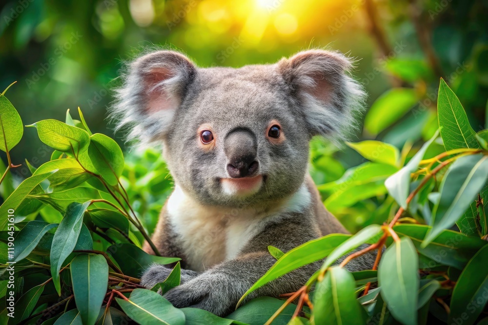 Fototapeta premium A cute koala rests peacefully in eucalyptus leaves; stunning Aussie wildlife photography.