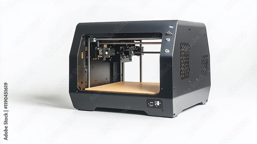 Obraz premium Black 3D printer on white background.