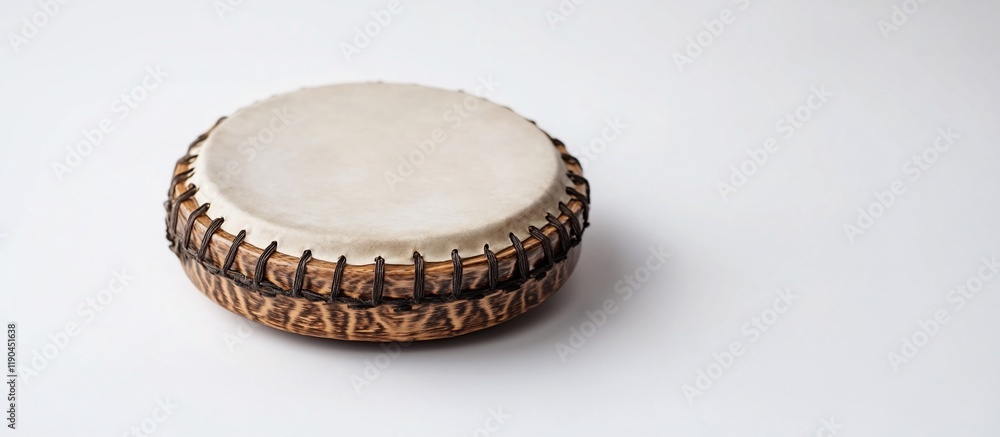 A handcrafted wooden drum with a light-colored drumhead, featuring intricate carvings around its body. A handcrafted wooden drum with a light-colored drumhead, featuring intricate carvings around its body.