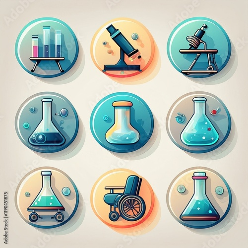 Stylized icons of a microscope, test-Icon set of a wheelchair, crutches, and medical. photo