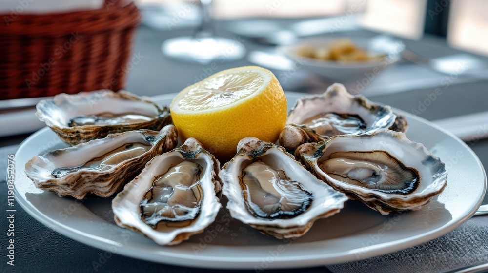 Plate of fresh oysters served with a lemon slice on a wooden table Plate of fresh oysters served with a lemon slice on a wooden table