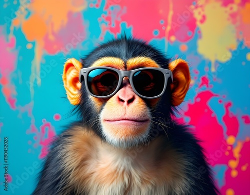 Cool Chimpanzee in Sunglasses: Vibrant Pop Art Portrait photo