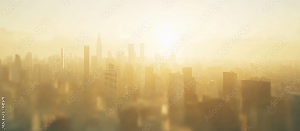 Obraz premium Hazy sunrise over a sprawling cityscape, with buildings silhouetted against the golden light.