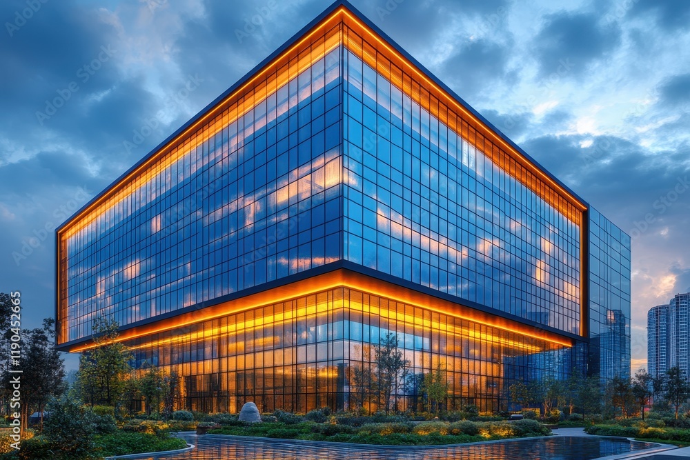 Sleek glass skyscraper with reflections of a blue sky and clouds Sleek glass skyscraper with reflections of a blue sky and clouds
