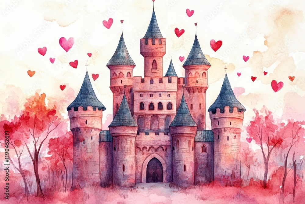 Obraz premium Valentine's Day watercolor a whimsical fairy tale castle with hearts