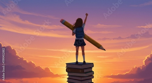 Back to school! Happy cute industrious child standing on the tower of books and holding a huge pencil on background of sunset sky. Concept of education and reading. The development of the imagination.
