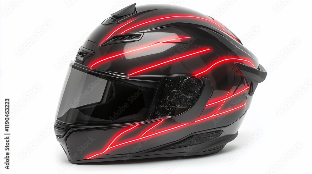 Sleek black motorcycle helmet with red LED light accents. Sleek black motorcycle helmet with red LED light accents.