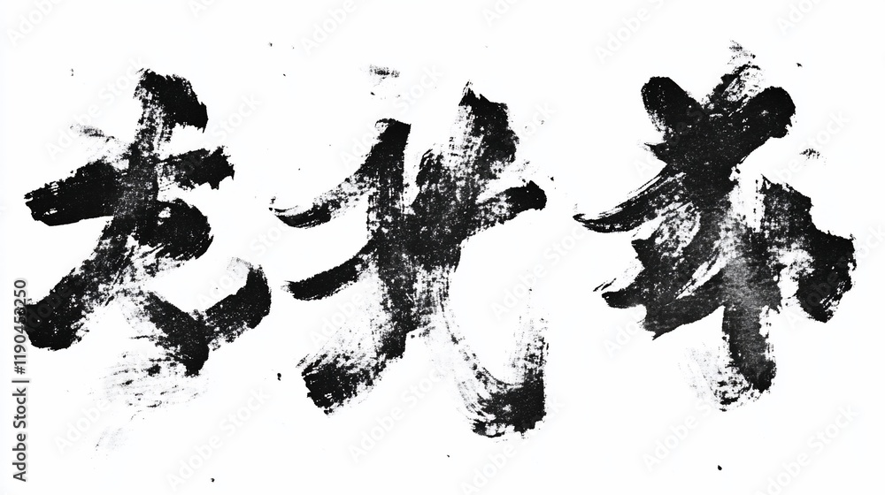 Obraz premium Abstract black ink brush strokes on white background forming Chinese characters.