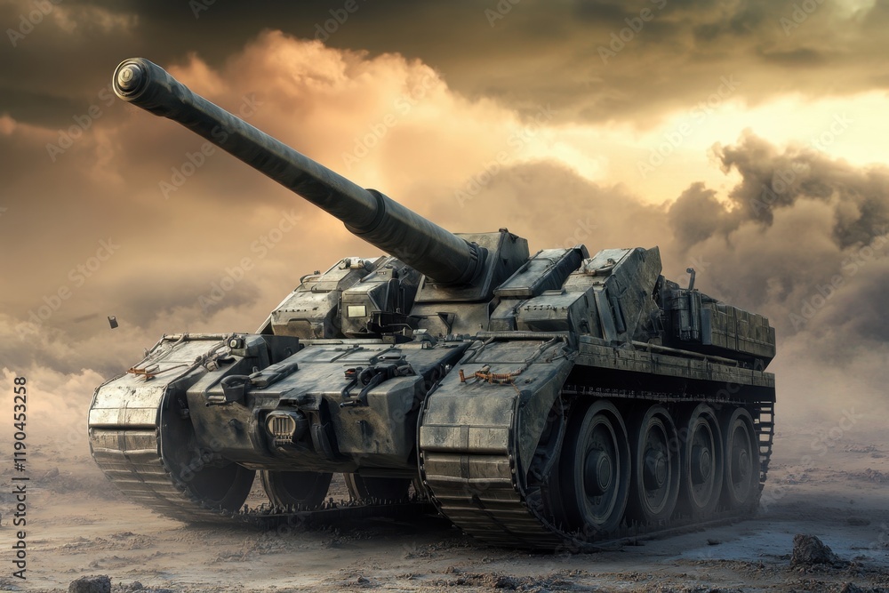 Military tank positioned dramatically against a stormy sky at dusk Military tank positioned dramatically against a stormy sky at dusk