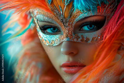 Wallpaper Mural Close-up of a gorgeous beautiful stylish woman wearing a glittery silver feathered masquerade mask, with vibrant makeup and striking blue eyes. Torontodigital.ca